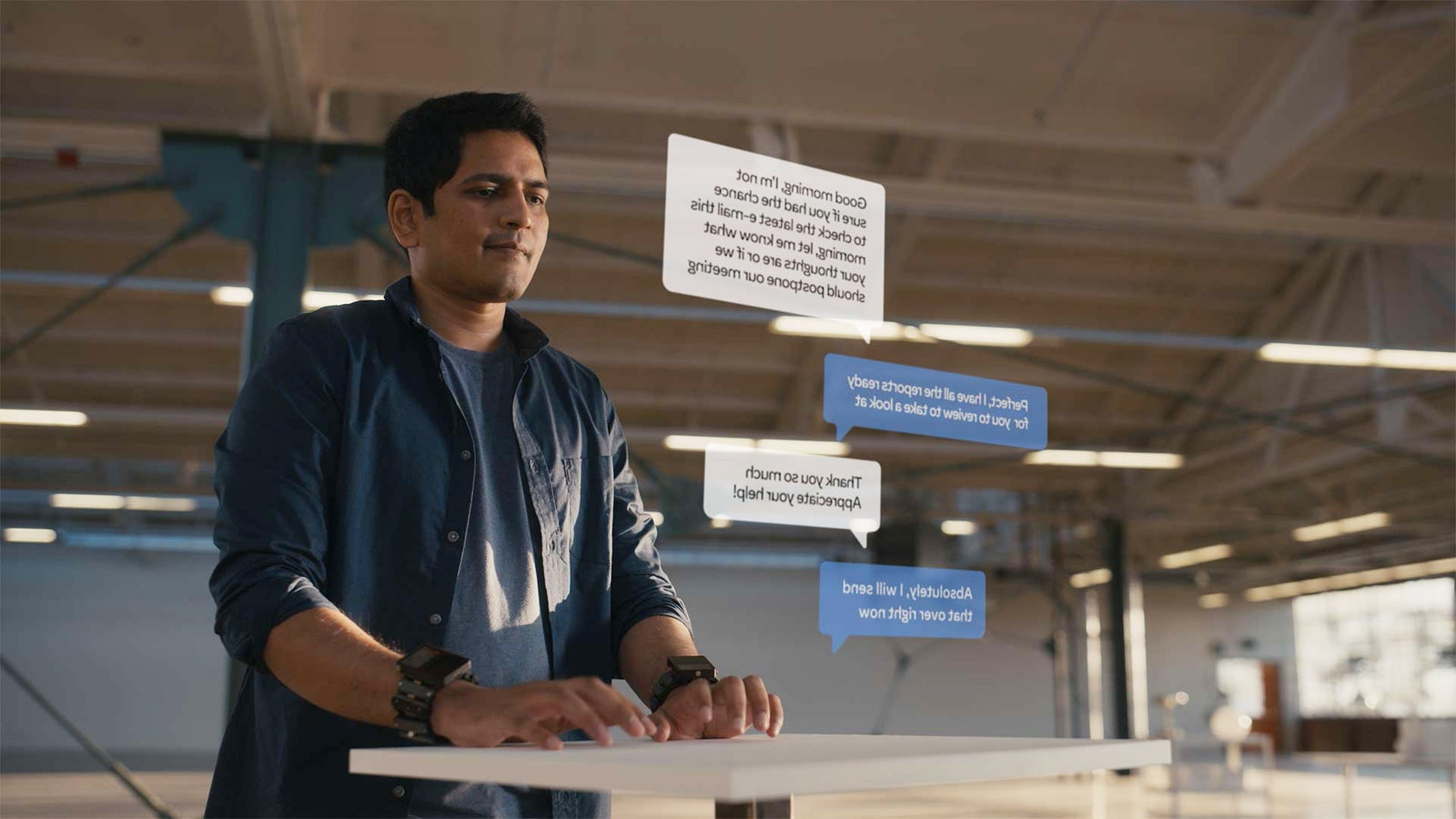 Facebook hopes wristband technology will allow wearers to manipulate virtual objects overlaid on the real world, such as keyboards. (Source: Facebook)