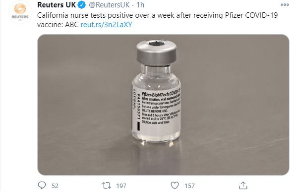 California Nurse tests positive after receiving Pfizer Covid-19 vaccine