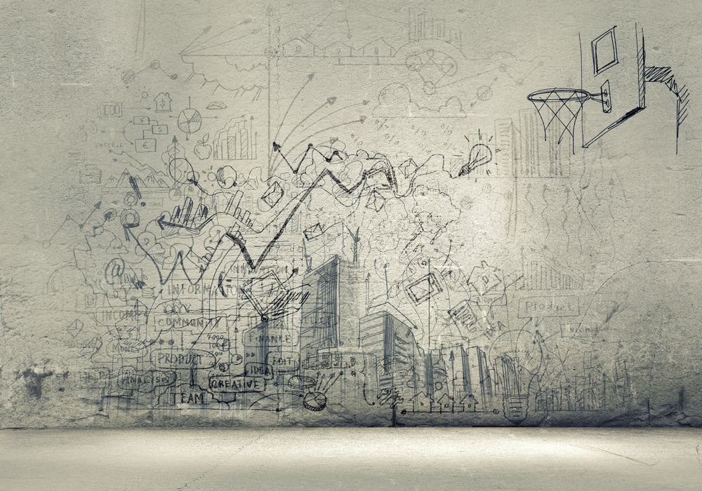 Background image with sketches and drawings on grey wall