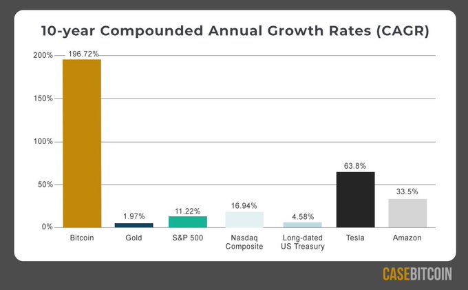 10y CAGR by asset class (+ Tesla & Amazon) 