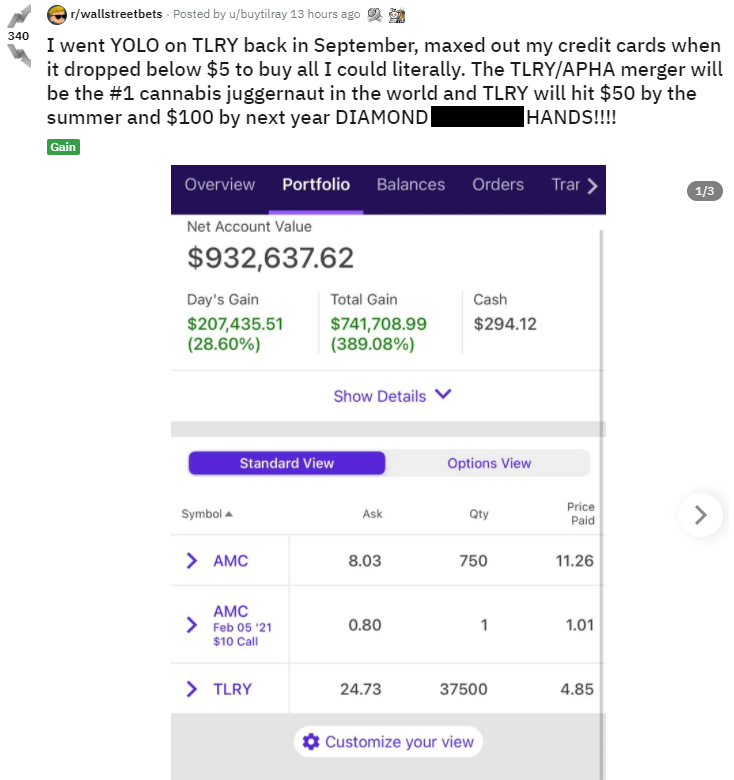 #WSB user u/buytilray thinks TLRY is going to $100