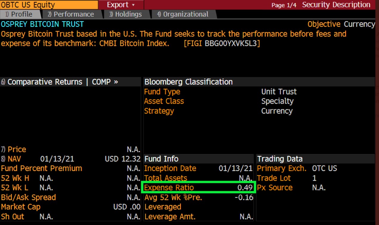 Osprey Bitcoin ETP Bloomberg Description page  