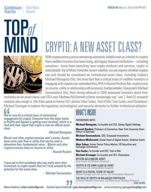 Goldman Sachs 1st page report on Crypto as an asset class