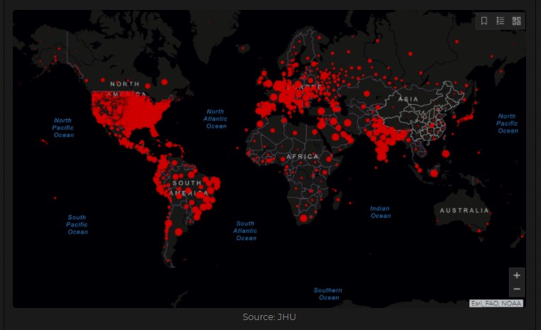 Red dots shows cumulative covid-19 cases by country 