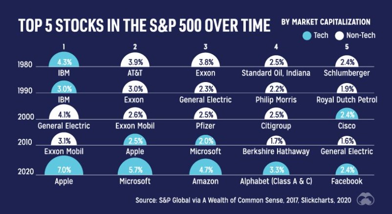 Top 5 stocks in the S&P 500 over time 